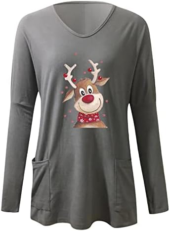 חולצות חג המולד של Beuu לנשים צוואר צוואר מזדמן הדפס צבי הדפסת שרוול ארוך חולצות טקס רופפות רכות סוודר