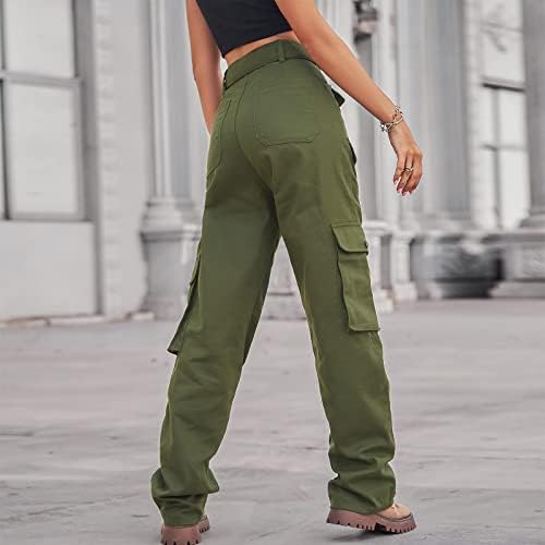 מכנסי נשים משולרים מכנסי מטען עם מכנסי חגורה מכנסיים בעלי עלייה נמוכה רוכסן כפתור כלפי מטה ברגל ישרה