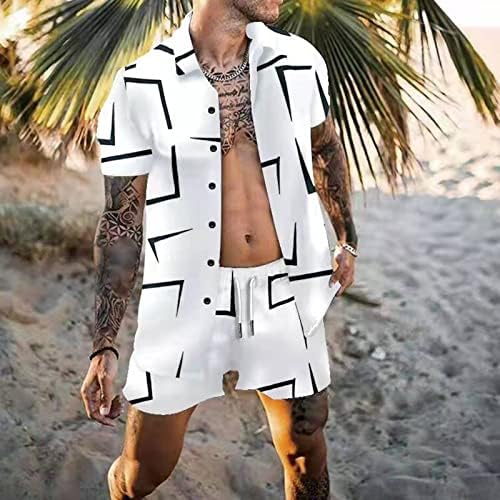 Mneostt Mens אופנה מתאימה לגברים חולצת צווארון חולצת צווארון מערכות מכנסיים שרוול קצר הוואי הדפס אופנה