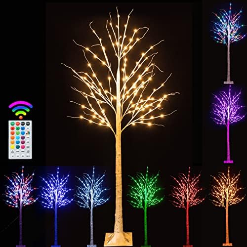 עץ ליבנה מואר 6ft חיצוני לעיצוב חג המולד, 120 צבע LED משתנה עץ חג מולד ליבנה עם אורות שלט רחוק