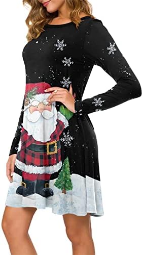 שמלות חג המולד של IQKA נשים שרוול ארוך O צוואר פתית שלג הדפסת חג המולד שמלת חולצה סתיו טוניקה מזדמנת