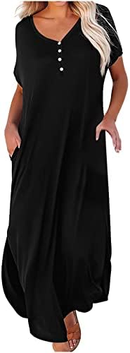 נשים שמלות מקרית שרוול קצר צווארון חולצה שמלת כפתור הנלי טוניקת שמלה רופף נדנדה מקסי שמלה עם כיסים