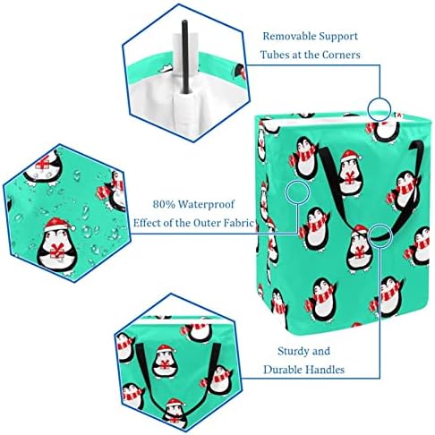 כובע חג המולד הדפסת מתנה פינגווין סל כביסה מתקפל, סלי כביסה עמידים למים 60 ליטר אחסון צעצועי כביסה לחדר