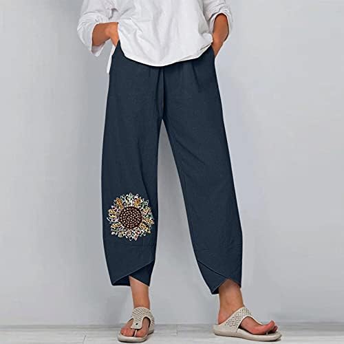 כותנה פשתן קאפרי מכנסיים נשים מקרית קיץ קאפרי מכנסיים עם כיסים גבוהה מותן קומפי חוף מכנסיים שן הארי