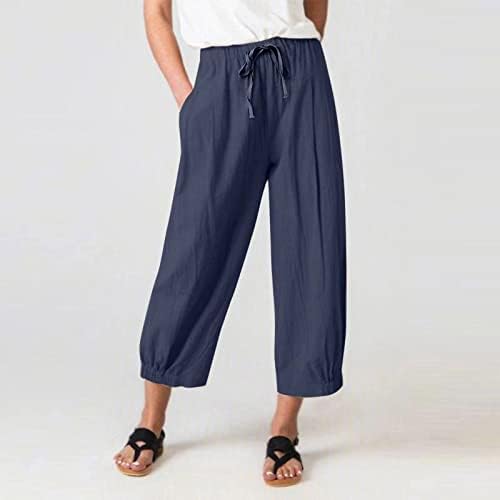 מכנסי קיץ מזדמנים לנשים 2023 טרנדי רגל רחבה קפריס שרוך אלסטי מותניים גבוהים פשתן מכנסיים קצוצים