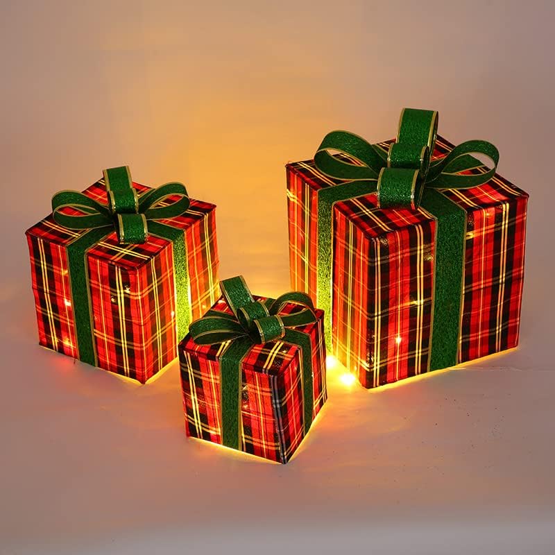צבי קישוט מקנוסצ'ריסטמאס, קישוטים לחג המולד עם 3 קופסאות מתנה מוארות לחג המולד, צבי קש לחג המולד ירוק