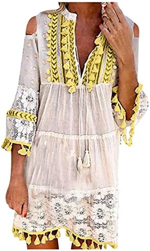 נשים בתוספת גודל קיץ בוהו ציצית שכבות מיני שמלת 3/4 שרוול קר כתף תחרה איחה חוף שמלות