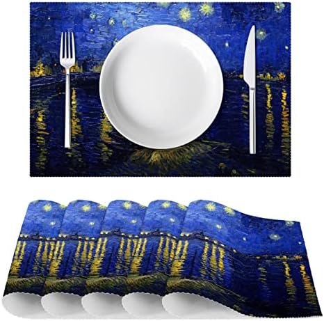 בד מפיות, רחיץ שולחן מחצלות עבור אוכל שולחן סט של 6, שמן ציור ליל כוכבים