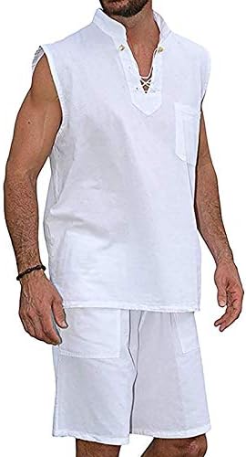 Qnihdriz mens 2 חתיכות פשתן כותנה סט חולצת הנלי ללא שרוולים ומכנסיים קצרים מזדמנים תלבושות חוף קיץ,