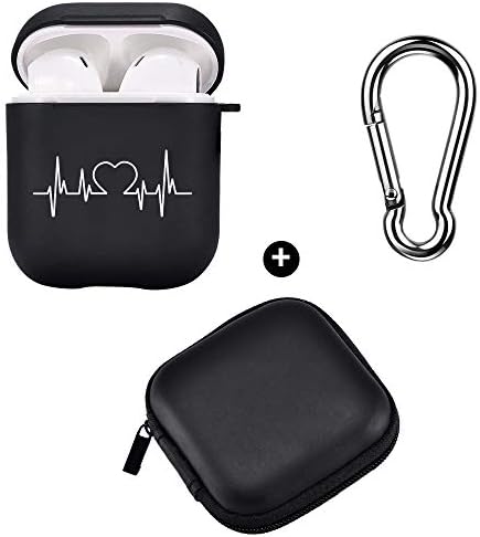 כיסוי מארז שחור של ג'וילנד עבור AirPod 1 & 2 W/טבעת מחזיק מפתחות+שקית אחסון, מארז קו פעימות לב מאיר