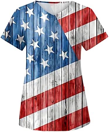 חולצת טי 4 ביולי לנשים דגל ארהב דגל קיץ שרוול קצר חולצה עם צווארון V עם 2 כיסים לבגדי עבודה מזדמנים