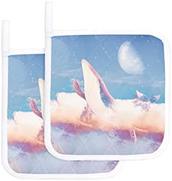 סט מטבח פוטולדר של 2, ענן לוויתן כחול כוכבים מחזיקי סיר שמיים חום כרית חמה, כרית מצוירת של כוכבי ירח